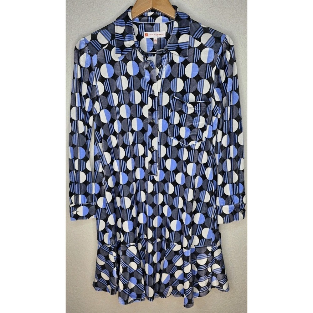 New Jude Connally Ella Velvet Dress Mod Dot Blue Shift Dress Button Woman S